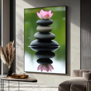Lotus Flower and Stone Stack Canvas Painting, Zen Water Art, Tranquil Meditation Decor, Peaceful Wall Art, Relaxing Gift, Spiritual Artwork
