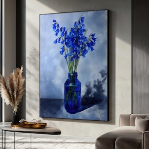 Bluebell Flowers Canvas Painting, Elegant Still Life Wall Art, Chic Living Room Decor, Minimal Botanical Home Decor, Floral Art Gift
