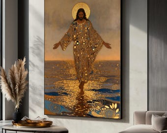 Gustav Klimt Jesus Walking on Water Canvas, Golden Halo Christian Wall Art, Religious Spiritual Decor, Inspirational Canvas Painting