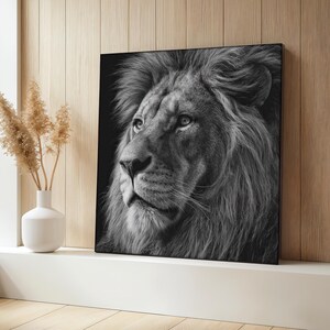 Majestic Lion Canvas Painting, Black and White Safari Wall Art, Jungle King Portrait Print, Bold Animal Face Decor, Powerful Art Gift