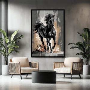 May include: A black and white painting of a horse running through a field. The horse is in the center of the image and is facing the right side of the image. The background is a blurred image of a field with a brown and gray color scheme.
