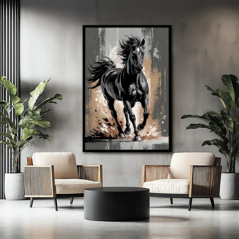 May include: A black and white painting of a horse running through a field. The horse is in the center of the image and is facing the right side of the image. The background is a blurred image of a field with a brown and gray color scheme.