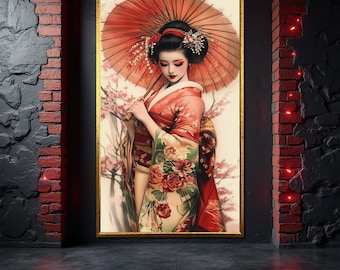 Japanese Geisha Canvas Painting, Traditional Kimono Woman Wall Art, Elegant Asian Home Decor, Sakura Gift for Art Lovers