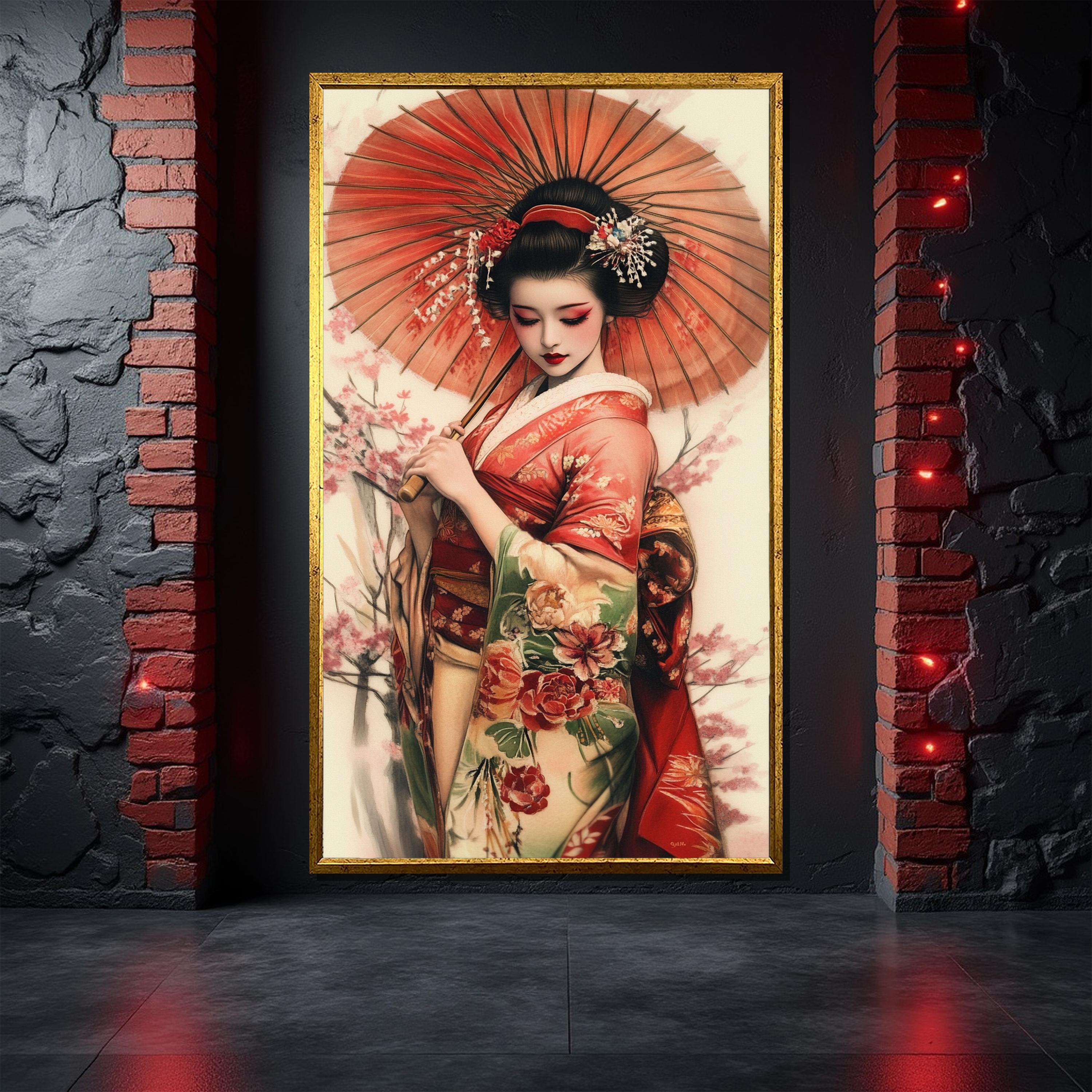 希少 海外コラボ デニムジャケット 芸者 Geisha アート Japanese Geisha Canvas Painting, Traditional Kimono Woman Wall Art