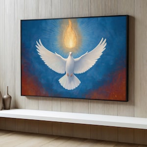 Holy Spirit Canvas Painting, White Dove Wall Art with Flame Light, Christian Symbol Artwork, Dove Poster, Religious Decor, Faith Art Gift