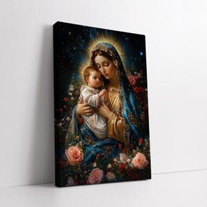 May include: A painting of the Virgin Mary holding a baby Jesus. The painting is set against a dark blue background with stars and flowers. The Virgin Mary is wearing a blue robe with gold trim and a crown of stars. The baby Jesus is wearing a white robe and is looking up at the Virgin Mary.