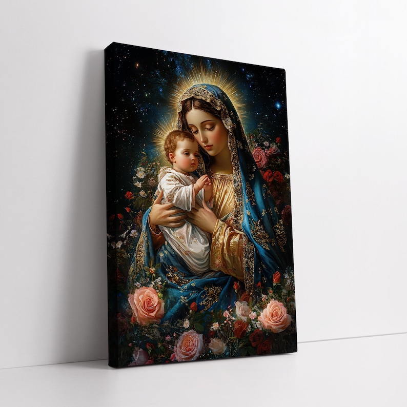May include: A painting of the Virgin Mary holding a baby Jesus. The painting is set against a dark blue background with stars and flowers. The Virgin Mary is wearing a blue robe with gold trim and a crown of stars. The baby Jesus is wearing a white robe and is looking up at the Virgin Mary.