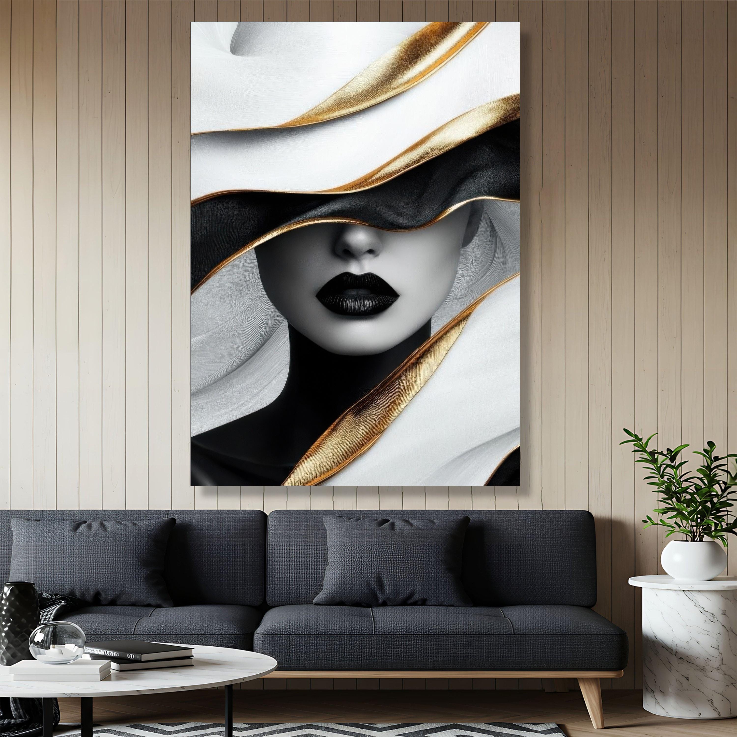Luxury Woman Canvas Painting, Black and Gold Abstract Wall Art With ...