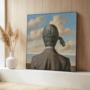 Pintura em tela The Happy Donor, arte surreal de parede de René Magritte, arte de homem misterioso, ideia de presente única, decoração conceitual para casa
