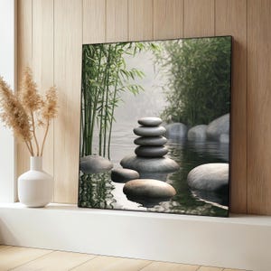 Zen Garden Canvas Painting, Bamboo And Stones Wall Art, Tranquil Nature Art Decor, Calm Water Scene Artwork, Art Gift, Spa Room Poster