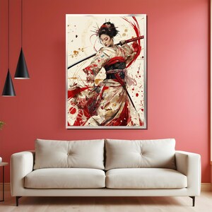 May include: A digital painting of a woman in a traditional Japanese kimono holding a katana sword. The background is a white canvas with red and black splatters of paint.