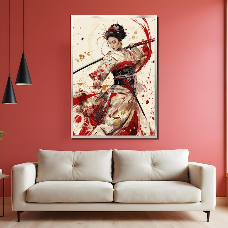 May include: A digital painting of a woman in a traditional Japanese kimono holding a katana sword. The background is a white canvas with red and black splatters of paint.