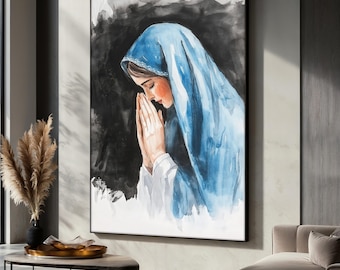 Holy Virgin Mary Canvas Painting, Catholic Religious Wall Art, Christian Faith Wall Decor, Blessed Mother Artwork, Spiritual Prayer Gift