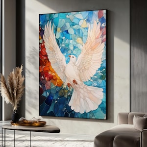 Holy Spirit Dove Wall Art, Colorful Christian Canvas Print with Stained Glass Style, Peaceful Bird Religious Decor for Home, Art Gift