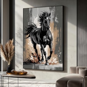 May include: A black horse running through a field of brown and white abstract paint. The horse is in motion with its mane flowing in the wind. The background is a mix of brown, white, and gray.