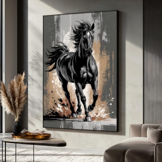 Black Horse Canvas Painting, Powerful Running Stallion Wall Art, Modern Animal Artwork, Unique Gift, Rustic Home Or Office Decor