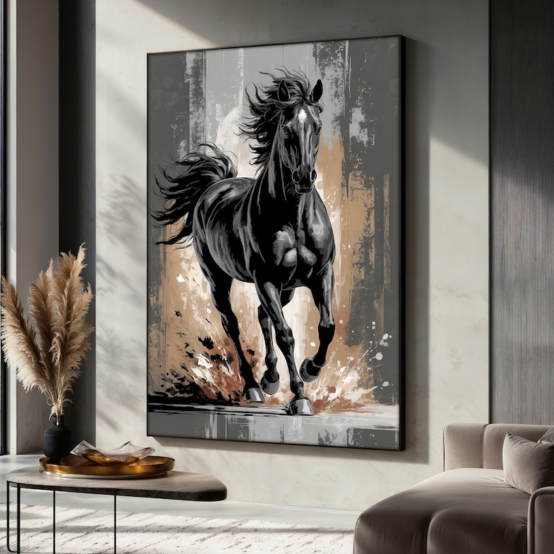 May include: A black horse running through a field of brown and white abstract paint. The horse is in motion with its mane flowing in the wind. The background is a mix of brown, white, and gray.