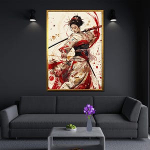 May include: A painting of a woman in a red and white kimono holding a katana sword. The background is a white canvas with red and black splatters.