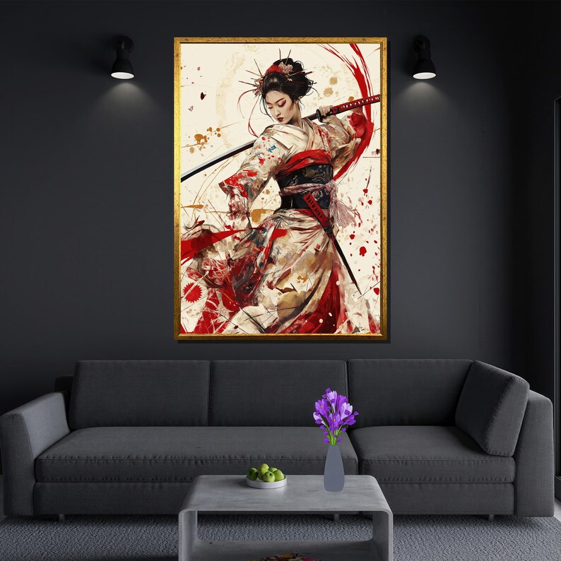 May include: A painting of a woman in a red and white kimono holding a katana sword. The background is a white canvas with red and black splatters.