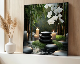 May include: A framed canvas print depicting a serene spa scene. The artwork features a stack of black stones, lit candles, and white orchids. Bamboo stalks and green moss add to the tranquil atmosphere. The image is set against a backdrop of water.