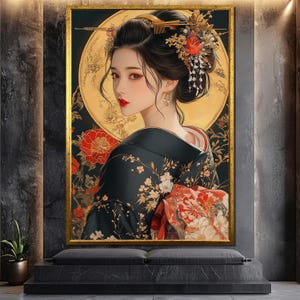 Japanese Woman in Black Kimono Canvas Painting, Golden Floral Wall Art, Elegant Asian Portrait Decor, Geisha Gift for Her Room