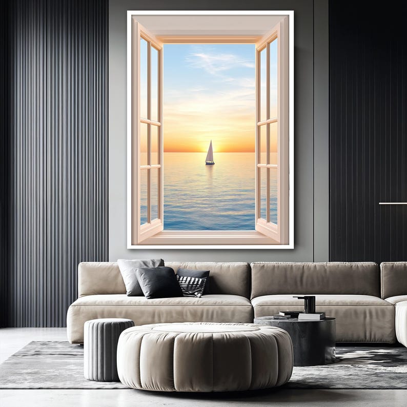 Fake Window Canvas Painting, Ocean Sunset Wall Art, Sailing Boat Canvas ...