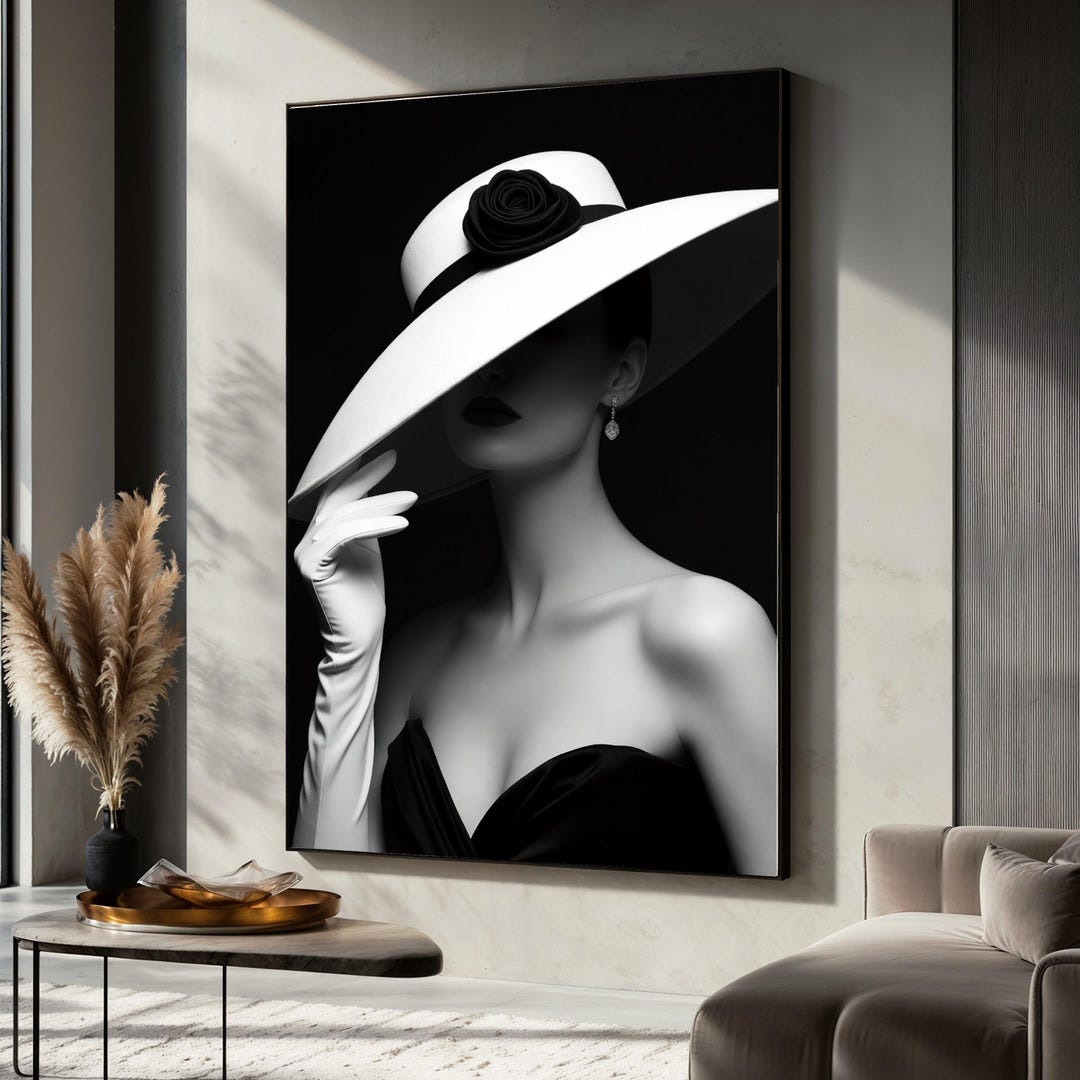 Elegant Woman in Wide Brim Hat Canvas, Black and White Fashion Portrait ...