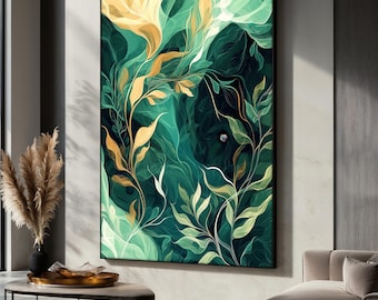 Emerald Green Abstract Canvas Painting, Botanical Leaf Wall Art in Gold and Teal, Nature Modern Decor, Landscape Canvas, Unique Gift Idea