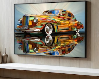 Colorful Classic Car Canvas Painting, Retro Vehicle Wall Art For Living Room Or Garage, Car Wall Print, Vintage Car Poster, Unique Gift Idea