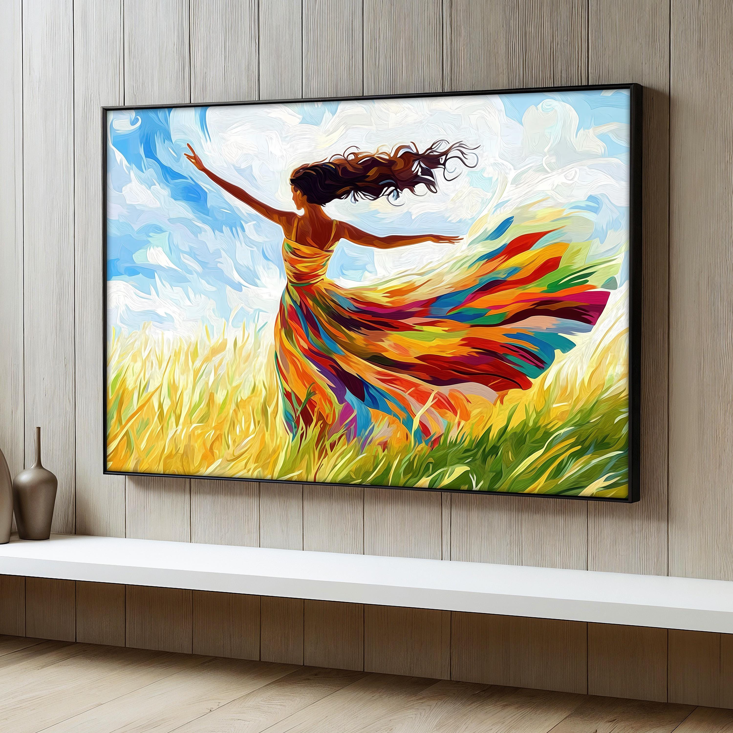 Colorful Woman Canvas Painting, Joyful Abstract Art With Flowing Dress ...