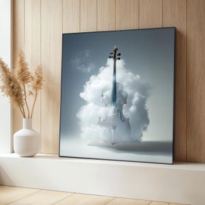 May include: A white cello with a dark wood neck and strings is partially obscured by white clouds. The cello is set against a light blue background.