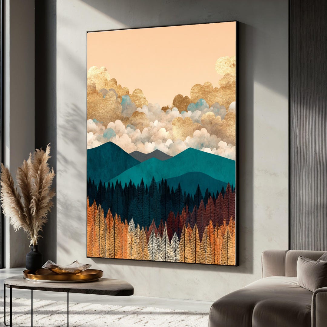 Mountain Landscape Canvas Painting, Abstract Nature Wall Art With Gold ...