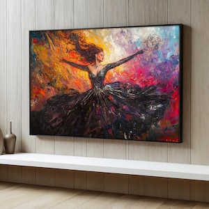 Colorful Elegant Woman Canvas Painting, Black Dress Ballerina Wall Art for Living Room, Ballerina Art Decor, Modern Dance Artwork Gift Idea