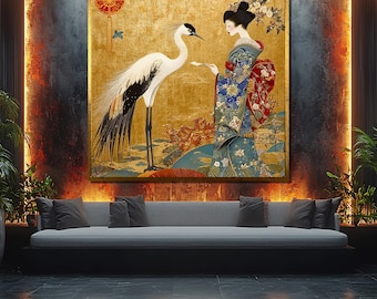 Japanese Geisha and Crane Canvas Painting, Traditional Kimono Wall Art with Gold Background, Oriental Bird Decor Gift for Her