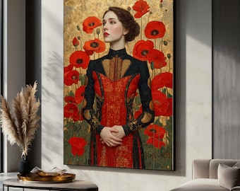 Elegant Woman in Red Dress with Poppies Canvas, Gustav Klimt Portrait, Floral Decorative Wall Art, Classic Art Canvas Print, Home Décor