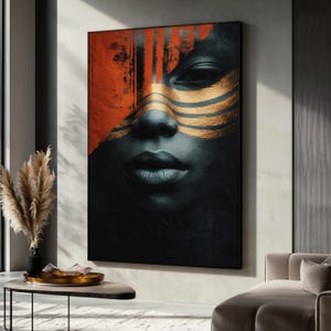 African Woman Canvas Painting, Black and Gold Wall Art, Tribal Face Portrait Decor, Bold Abstract Ethnic Artwork, Unique Gift