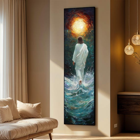 Jesus Wall Art, Jesus Christ Canvas, Spiritual Christian Wall Decor, Walking on Water Painting, Religious Home Art Print, Unique Faith Gift