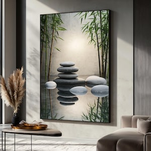 Zen Stone Canvas Painting with Bamboo Reflection, Peaceful Spa Wall Art, Minimalist Nature Decor Gift, Calming Zen Canvas for Yoga Room