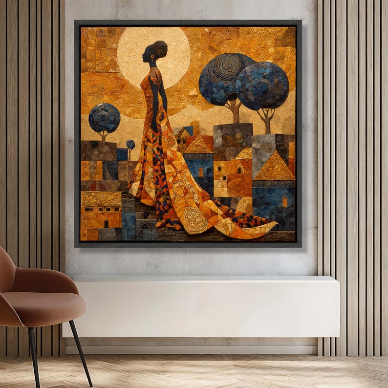 Gustav Klimt Woman in Orange Dress Canvas, Modern Mosaic Art Print ...