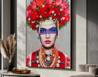 Kleurrijk vrouw canvas schilderij met bloemen kroon en kralen, etnische muurkunst voor woonkamer, vrouw canvas, cadeau-idee voor haar
