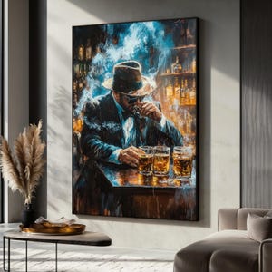 Whiskey Drinker Canvas Painting, Cool Man at Bar Wall Art, Stylish Alcohol Decor for Him, Unique Gift Idea, Masculine Home Style