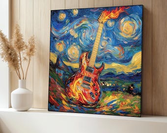 E-Gitarre Leinwand Gemälde, Sternennacht Musik Wandkunst, Bunte Van Gogh Kunstwerk, Gitarren Leinwand, Geschenk für Gitarrenliebhaber, Kunst Geschenk