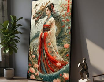 Elegant Geisha with Dragon Canvas, Asian Mythical Wall Art, Traditional Kimono Artwork, Oriental Fantasy Canvas, Floral and Dragon Art Decor