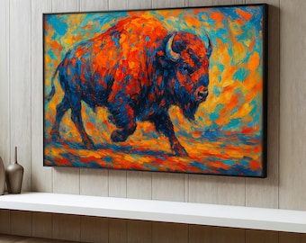 Kleurrijk buffelcanvas schilderij, gewaagde westmuurkunst, modern interieur met dieren in het wild, buffeldoek, canvas kunstdecor, uniek kunstcadeau
