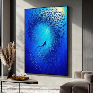 Ocean Canvas Painting With Diver And Fish Swirl, Vibrant Blue Underwater Wall Art, Modern Coastal Home Decor, Seascape Art, Unique Gift Idea