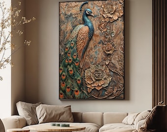 Peacock Canvas Painting, Elegant Peacock Wall Art, Vintage Gold Green Tones, Nature Inspired Home Decor, Peacock Wall Print, Unique Gift