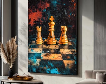 Lebendiges Schach Leinwandgemälde, mutige Wandkunst für Spielzimmer oder Büro, Schachkunstdruck, Luxusdekor, Schachwanddekor, einzigartiges Geschenk