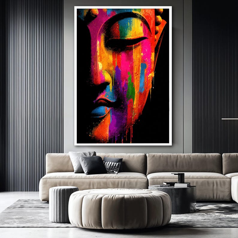 Colorful Buddha Face Canvas Painting, Abstract Zen Wall Decor, Vibrant ...