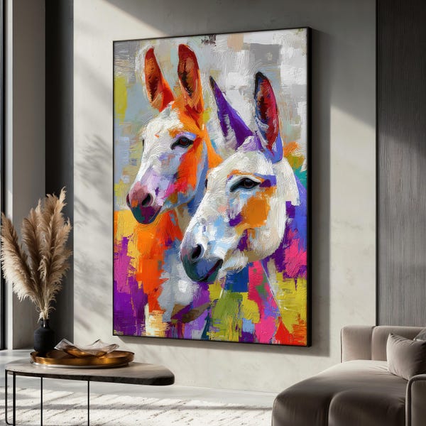 Donkey Canvas Painting, Colorful Animal Wall Art, Abstract Farmhouse Decor, Funny Donkey Couple Print, Perfect Gift for Home