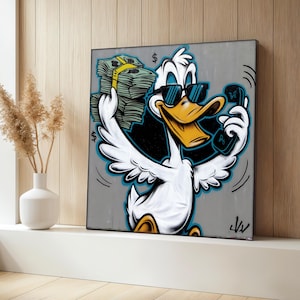 Cuadro en lienzo de pato, arte mural con dibujos de dinero, decoración divertida estilo grafiti, decoración de oficina, obra de arte de pájaro, regalo divertido para habitación de adolescente.